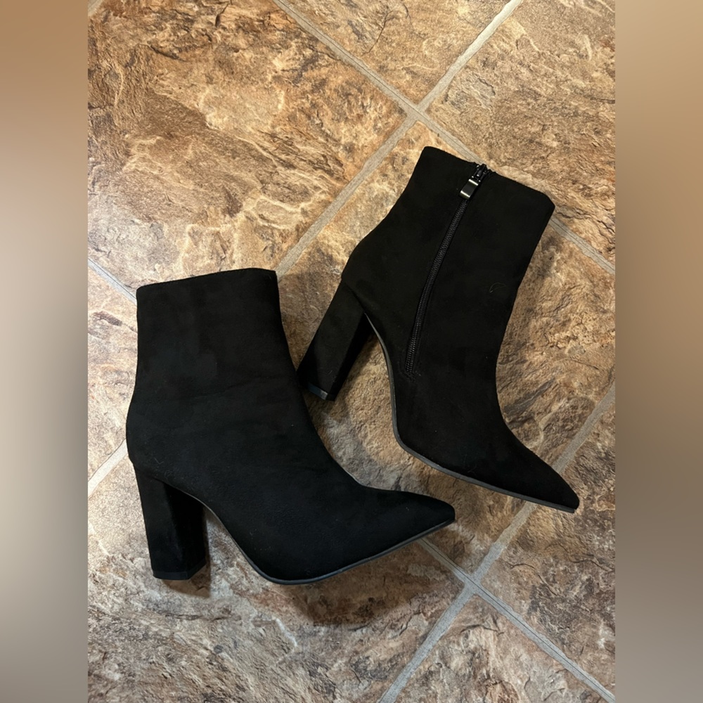 black faux suede pointed toe chunky heel booties with side zipper